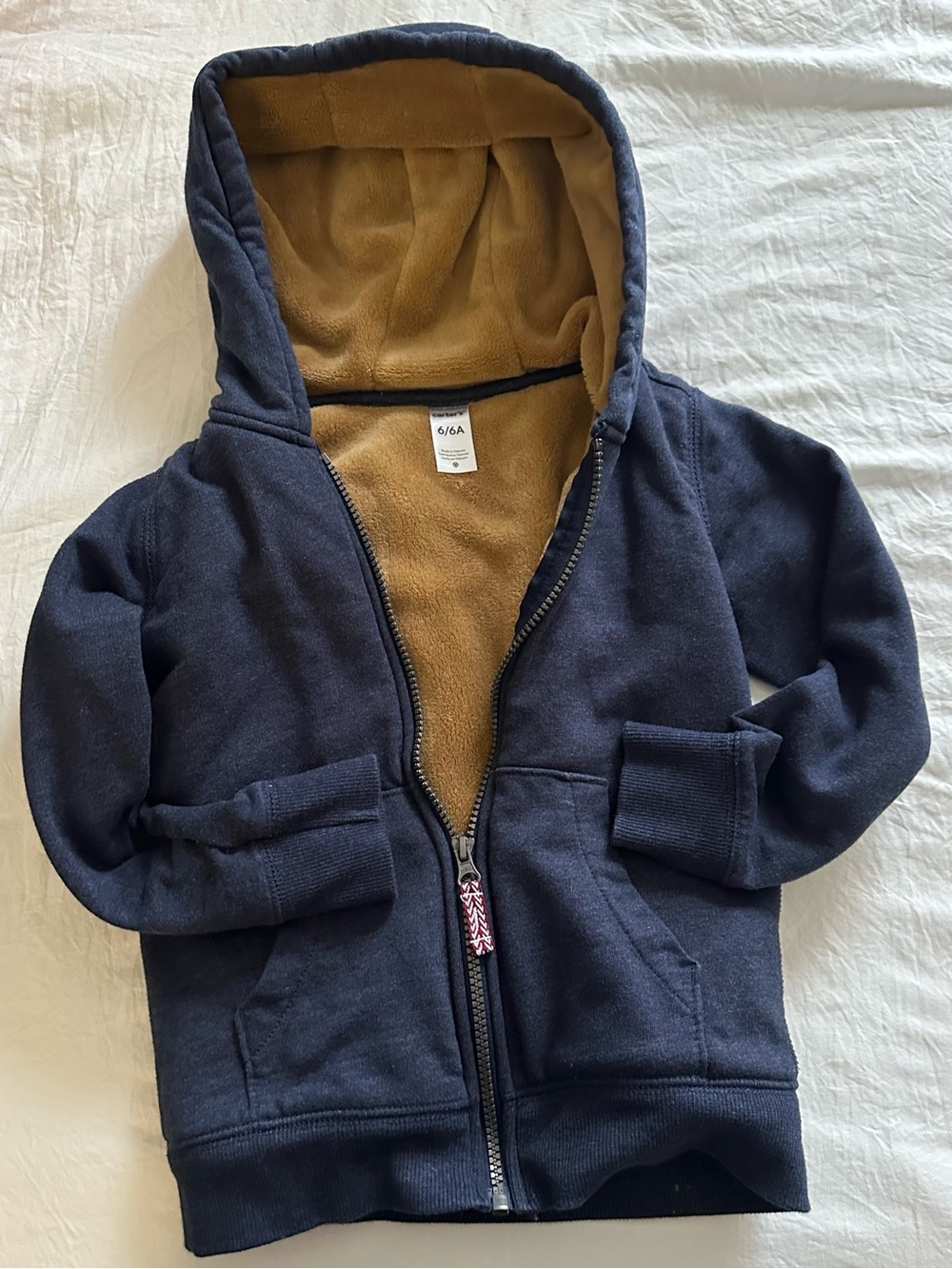 Kids Navy Zip-Up Hoodie with Tan Fuzzy Fleece Lining Boys Size 6